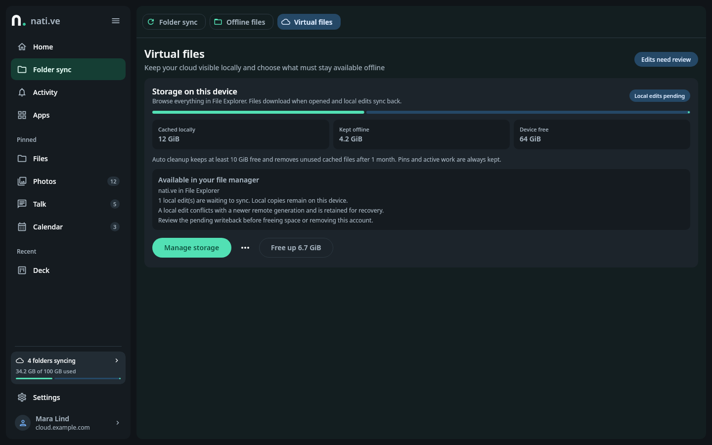 nati.ve Windows virtual-file recovery state showing pending writebacks, a newer remote generation conflict, retained local edits, and attention guidance